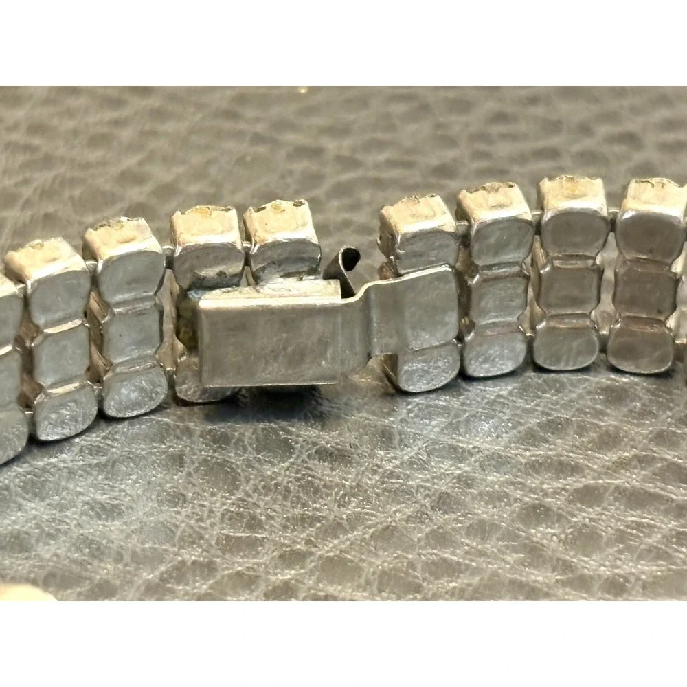 VTG Rhinestone Bracelet Silver Tone 3 Rows Art Deco - MCM Era Sparkly